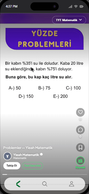 Kaydırak akışında bir yüzde problemi sorusunun açılış karesi.